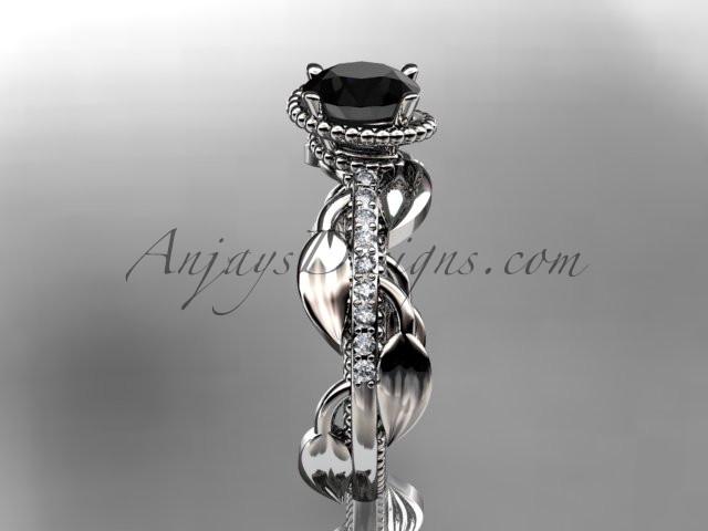 Unique Platinum diamond leaf and vine diamond engagement ring with a Black Diamond center stone ADLR231 - AnjaysDesigns