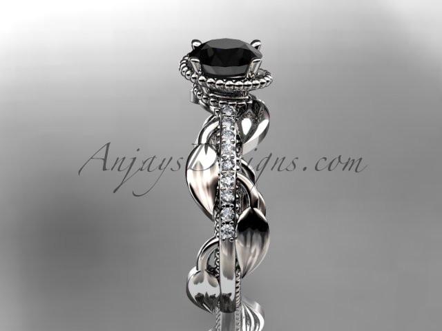 Unique 14k white gold diamond leaf and vine diamond engagement ring with a Black Diamond center stone ADLR231 - AnjaysDesigns
