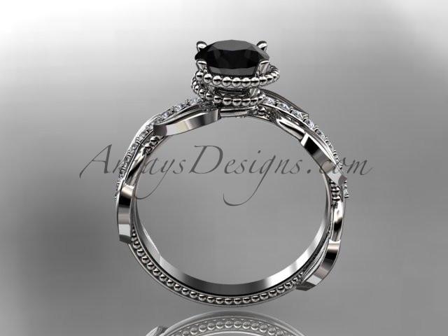 Unique Platinum diamond leaf and vine diamond engagement ring with a Black Diamond center stone ADLR231 - AnjaysDesigns