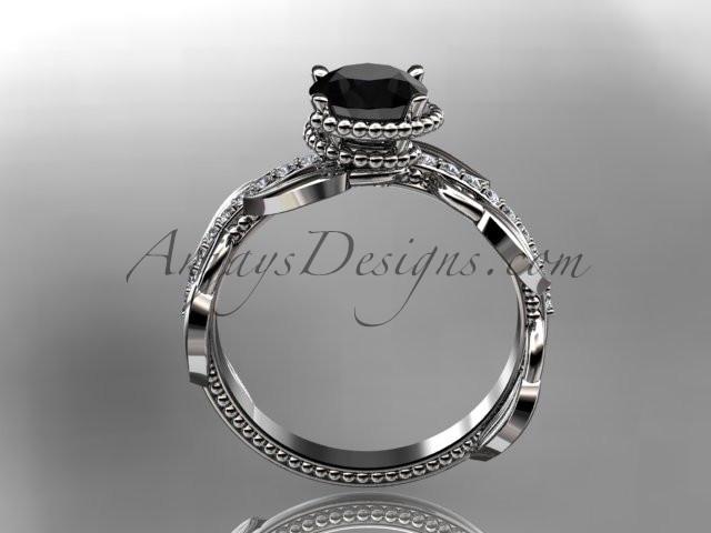 Unique 14k white gold diamond leaf and vine diamond engagement ring with a Black Diamond center stone ADLR231 - AnjaysDesigns