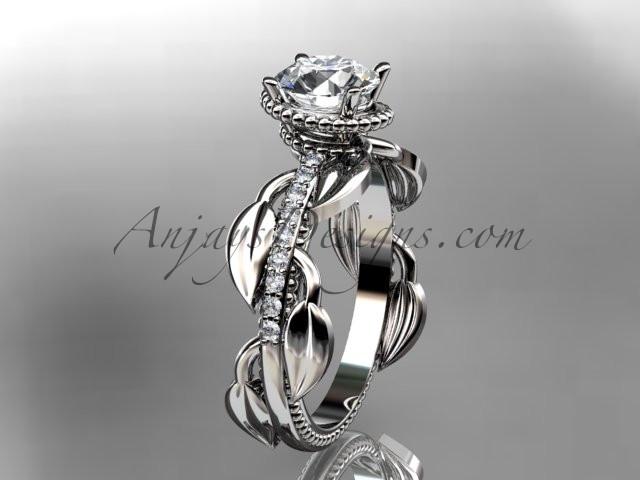 Unique Platinum diamond leaf and vine diamond engagement ring with a "Forever One" Moissanite center stone ADLR231 - AnjaysDesigns