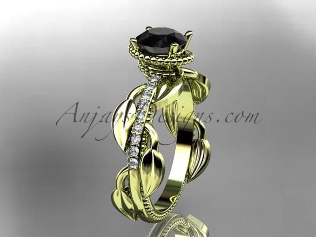 Unique 14k yellow gold diamond leaf and vine diamond engagement ring with a Black Diamond center stone ADLR231 - AnjaysDesigns