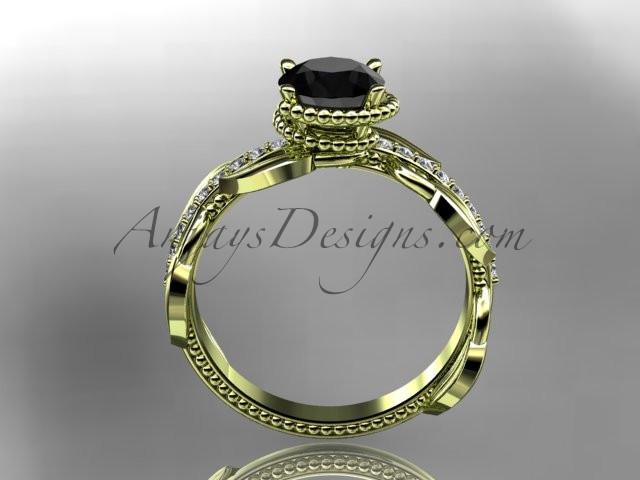 Unique 14k yellow gold diamond leaf and vine diamond engagement ring with a Black Diamond center stone ADLR231 - AnjaysDesigns