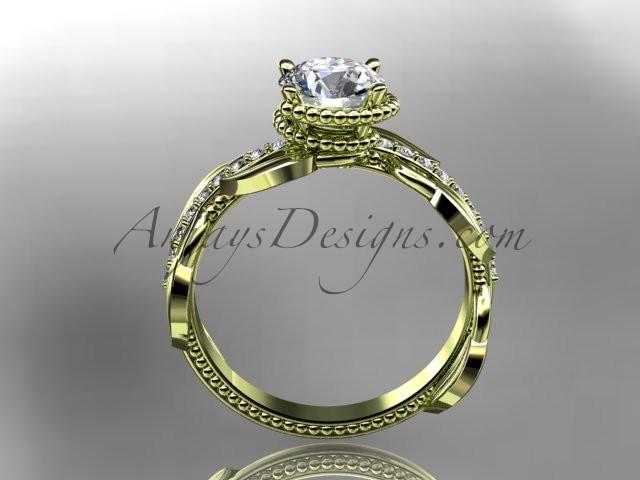 Unique 14k yellow gold diamond leaf and vine diamond engagement ring with a "Forever One" Moissanite center stone ADLR231 - AnjaysDesigns