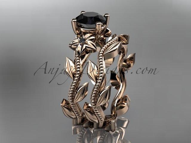 Unique 14k rose gold diamond floral wedding ring, engagement set with a Black Diamond center stone ADLR238S - AnjaysDesigns