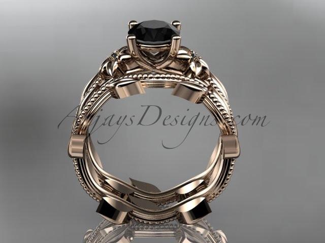 Unique 14k rose gold diamond floral wedding ring, engagement set with a Black Diamond center stone ADLR238S - AnjaysDesigns