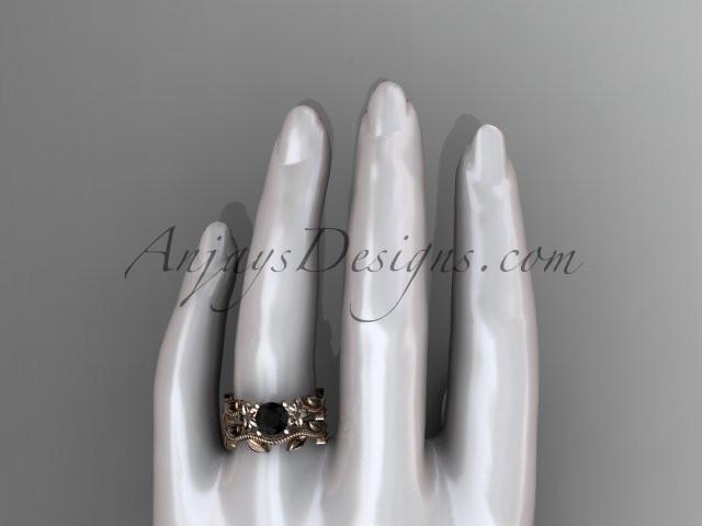 Unique 14k rose gold diamond floral wedding ring, engagement set with a Black Diamond center stone ADLR238S - AnjaysDesigns