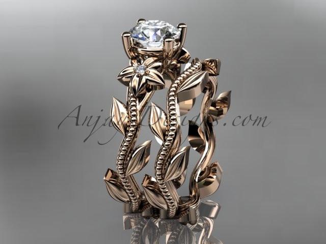 Unique 14k rose gold diamond floral wedding ring, engagement set with a "Forever One" Moissanite center stone ADLR238S - AnjaysDesigns