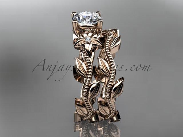 Unique 14k rose gold diamond floral wedding ring, engagement set with a "Forever One" Moissanite center stone ADLR238S - AnjaysDesigns