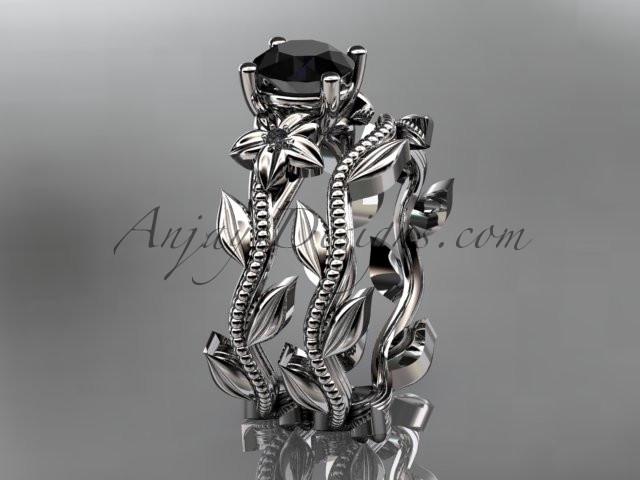 Unique Platinum diamond floral wedding ring, engagement set with a Black Diamond center stone ADLR238S - AnjaysDesigns