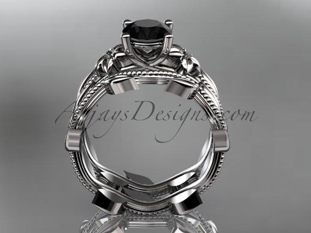 Unique 14k white gold diamond floral wedding ring, engagement set with a Black Diamond center stone ADLR238S - AnjaysDesigns