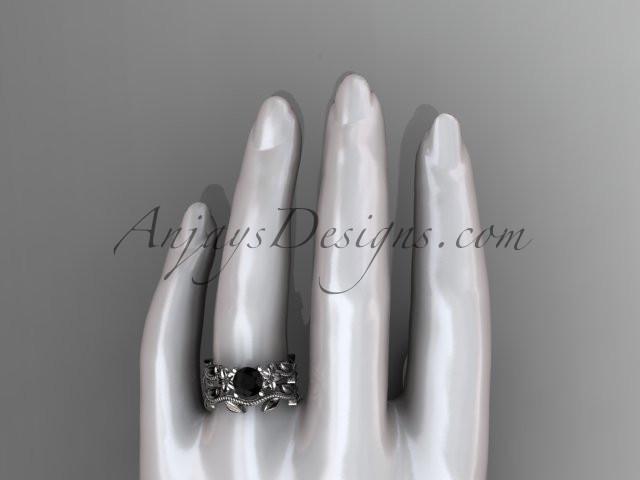 Unique Platinum diamond floral wedding ring, engagement set with a Black Diamond center stone ADLR238S - AnjaysDesigns