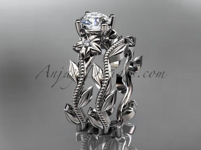 Unique 14k white gold diamond floral wedding ring, engagement set ADLR238S - AnjaysDesigns