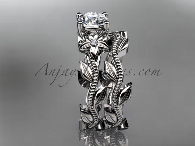 Unique Platinum diamond floral wedding ring, engagement set with a "Forever One" Moissanite center stone ADLR238S - AnjaysDesigns
