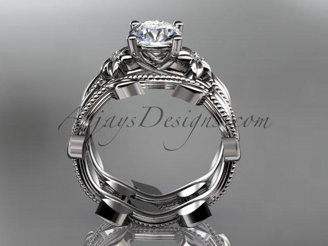 Unique Platinum diamond floral wedding ring, engagement set with a "Forever One" Moissanite center stone ADLR238S - AnjaysDesigns