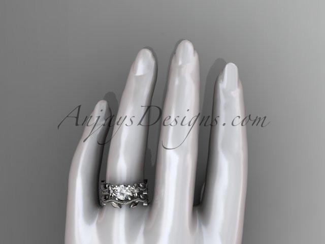 Unique Platinum diamond floral wedding ring, engagement set with a "Forever One" Moissanite center stone ADLR238S - AnjaysDesigns