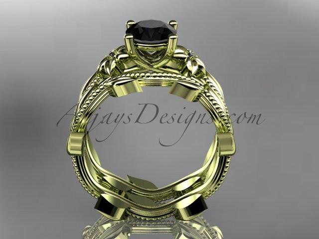 Unique 14k yellow gold diamond floral wedding ring, engagement set with a Black Diamond center stone ADLR238S - AnjaysDesigns