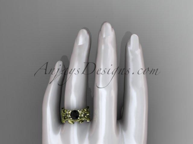 Unique 14k yellow gold diamond floral wedding ring, engagement set with a Black Diamond center stone ADLR238S - AnjaysDesigns