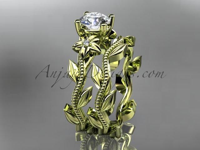 Unique 14k yellow gold diamond floral wedding ring, engagement set ADLR238S - AnjaysDesigns