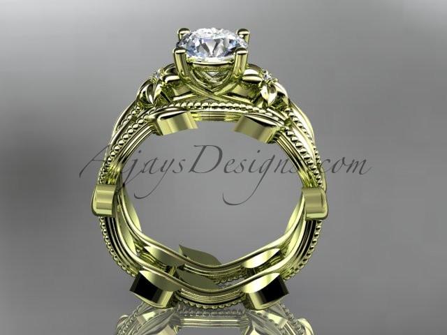 Unique 14k yellow gold diamond floral wedding ring, engagement set with a "Forever One" Moissanite center stone ADLR238S - AnjaysDesigns