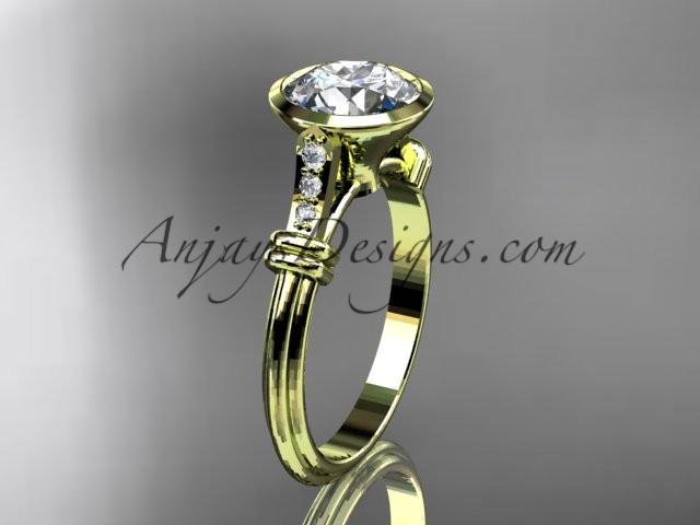 14k yellow gold diamond leaf and vine wedding ring,engagement ring with "Forever One" Moissanite center stone ADLR23 - AnjaysDesigns