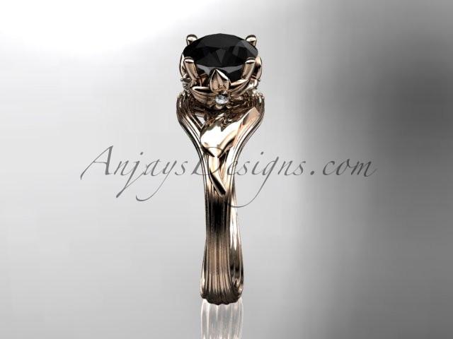 14kt rose gold diamond flower, leaf and vine wedding ring, engagement ring with a Black Diamond center stone ADLR240 - AnjaysDesigns