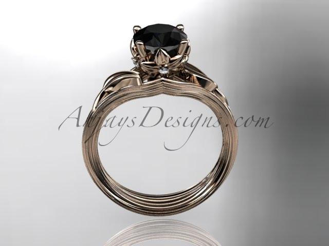 14kt rose gold diamond flower, leaf and vine wedding ring, engagement ring with a Black Diamond center stone ADLR240 - AnjaysDesigns