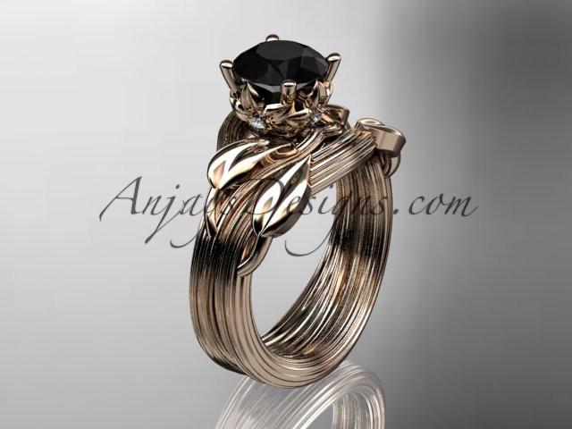 14kt rose gold diamond flower, leaf and vine wedding ring, engagement set with a Black Diamond center stone ADLR240S - AnjaysDesigns