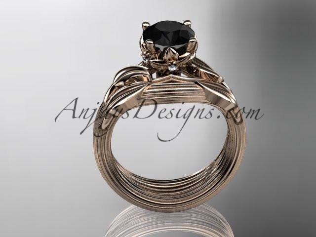 14kt rose gold diamond flower, leaf and vine wedding ring, engagement set with a Black Diamond center stone ADLR240S - AnjaysDesigns