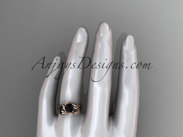 14kt rose gold diamond flower, leaf and vine wedding ring, engagement set with a Black Diamond center stone ADLR240S - AnjaysDesigns