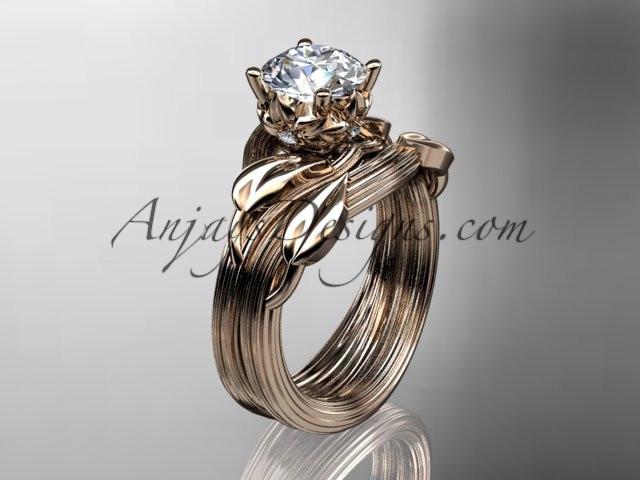 14kt rose gold diamond flower, leaf and vine wedding ring, engagement set with a "Forever One" Moissanite center stone ADLR240S - AnjaysDesigns