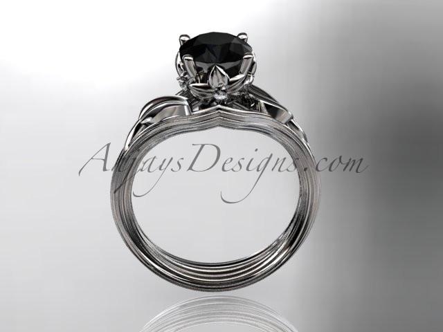 Platinum diamond flower, leaf and vine wedding ring, engagement ring with a Black Diamond center stone ADLR240 - AnjaysDesigns