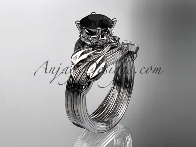 platinum diamond flower, leaf and vine wedding ring, engagement set with a Black Diamond center stone ADLR240S - AnjaysDesigns