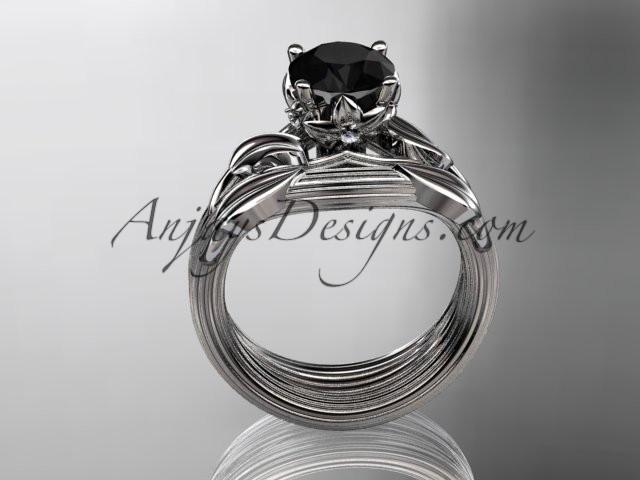 platinum diamond flower, leaf and vine wedding ring, engagement set with a Black Diamond center stone ADLR240S - AnjaysDesigns