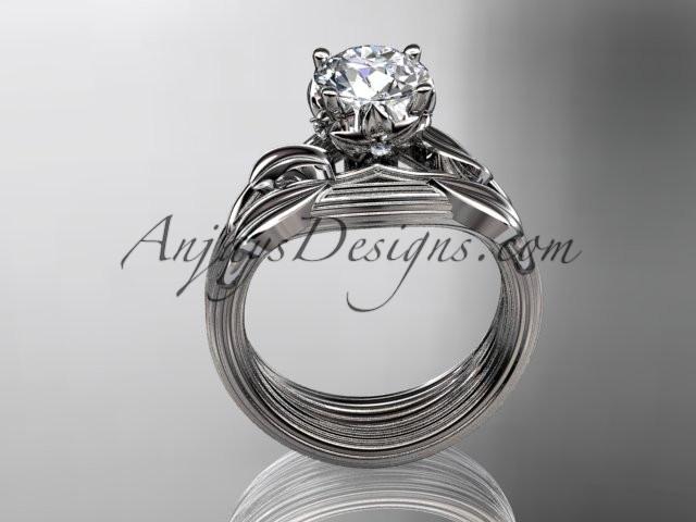 platinum diamond flower, leaf and vine wedding ring, engagement set with a "Forever One" Moissanite center stone ADLR240S - AnjaysDesigns