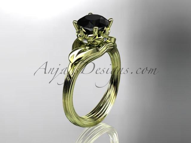 14kt yellow gold diamond flower, leaf and vine wedding ring, engagement ring with a Black Diamond center stone ADLR240 - AnjaysDesigns