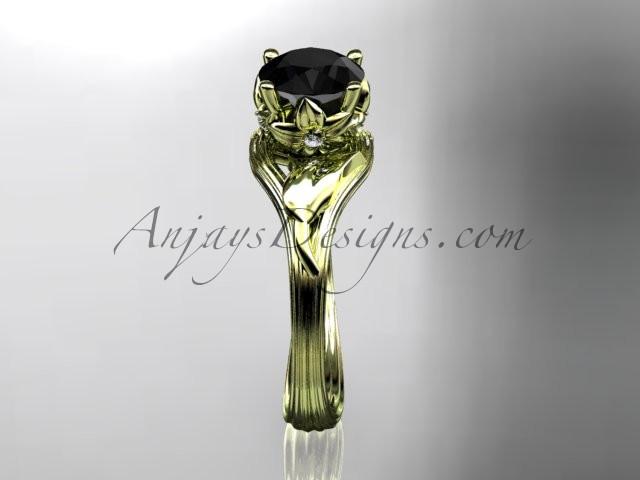 14kt yellow gold diamond flower, leaf and vine wedding ring, engagement ring with a Black Diamond center stone ADLR240 - AnjaysDesigns