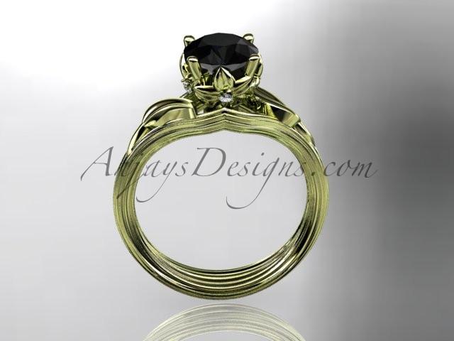 14kt yellow gold diamond flower, leaf and vine wedding ring, engagement ring with a Black Diamond center stone ADLR240 - AnjaysDesigns