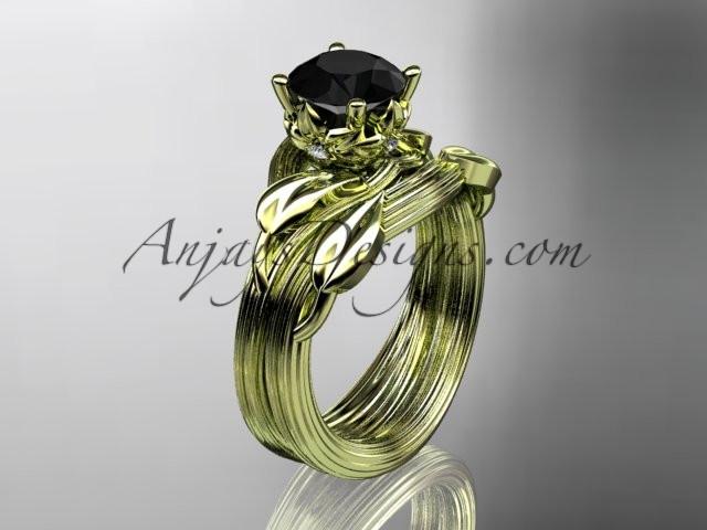 14kt yellow gold diamond flower, leaf and vine wedding ring, engagement set with a Black Diamond center stone ADLR240S - AnjaysDesigns