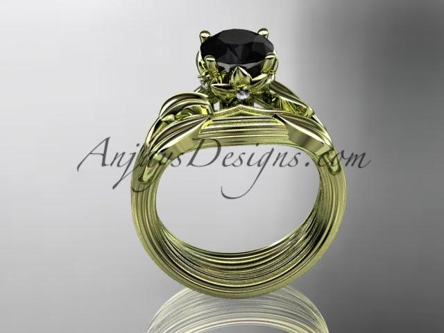 14kt yellow gold diamond flower, leaf and vine wedding ring, engagement set with a Black Diamond center stone ADLR240S - AnjaysDesigns