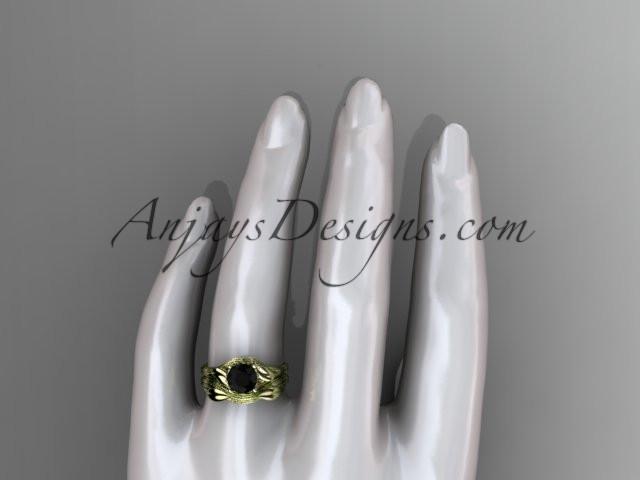 14kt yellow gold diamond flower, leaf and vine wedding ring, engagement set with a Black Diamond center stone ADLR240S - AnjaysDesigns