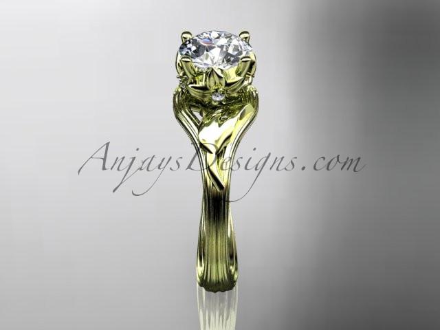 14kt yellow gold diamond flower, leaf and vine wedding ring, engagement ring with a "Forever One" Moissanite center stone ADLR240 - AnjaysDesigns