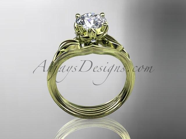 14kt yellow gold diamond flower, leaf and vine wedding ring, engagement ring with a "Forever One" Moissanite center stone ADLR240 - AnjaysDesigns