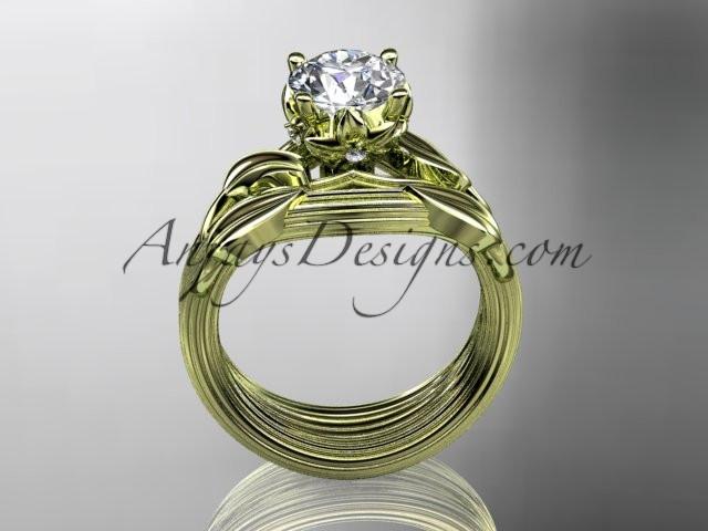 14kt yellow gold diamond flower, leaf and vine wedding ring, engagement set with a "Forever One" Moissanite center stone ADLR240S - AnjaysDesigns