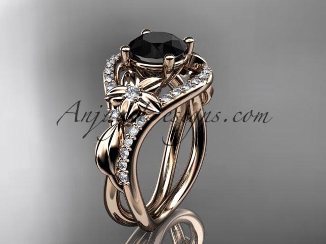 Unique 14kt rose gold diamond leaf and vine wedding ring, engagement ring with a Black Diamond center stone ADLR244 - AnjaysDesigns