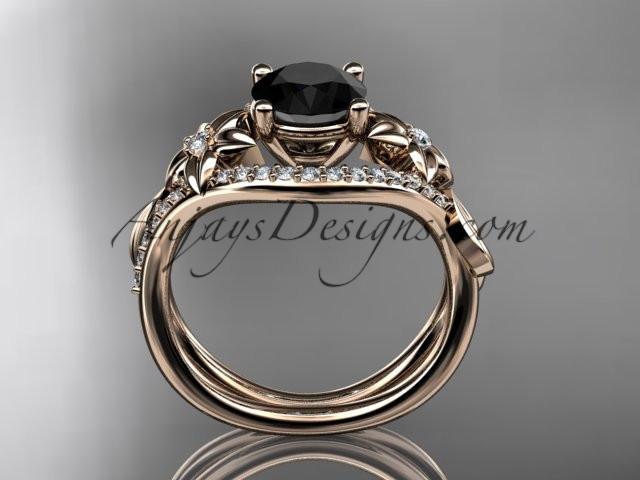 Unique 14kt rose gold diamond leaf and vine wedding ring, engagement ring with a Black Diamond center stone ADLR244 - AnjaysDesigns