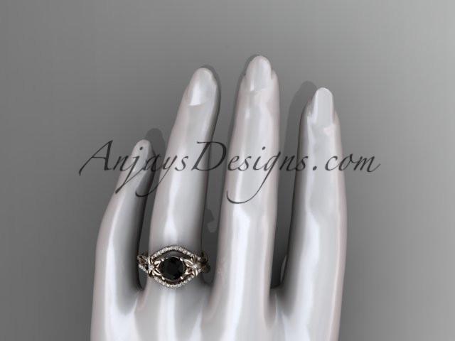 Unique 14kt rose gold diamond leaf and vine wedding ring, engagement ring with a Black Diamond center stone ADLR244 - AnjaysDesigns