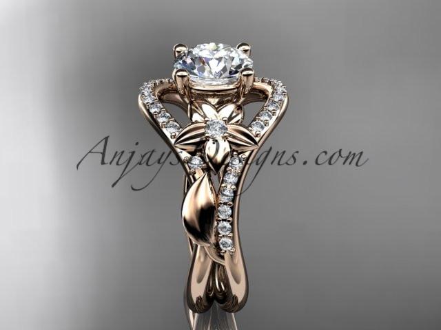 Unique 14kt rose gold diamond leaf and vine wedding ring, engagement ring with a "Forever One" Moissanite center stone ADLR244 - AnjaysDesigns