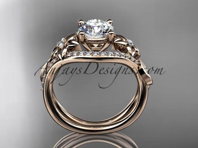 Unique 14kt rose gold diamond leaf and vine wedding ring, engagement ring with a "Forever One" Moissanite center stone ADLR244 - AnjaysDesigns