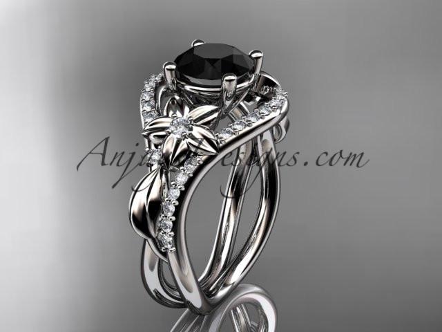 Unique platinum diamond leaf and vine wedding ring, engagement ring with a Black Diamond center stone ADLR244 - AnjaysDesigns